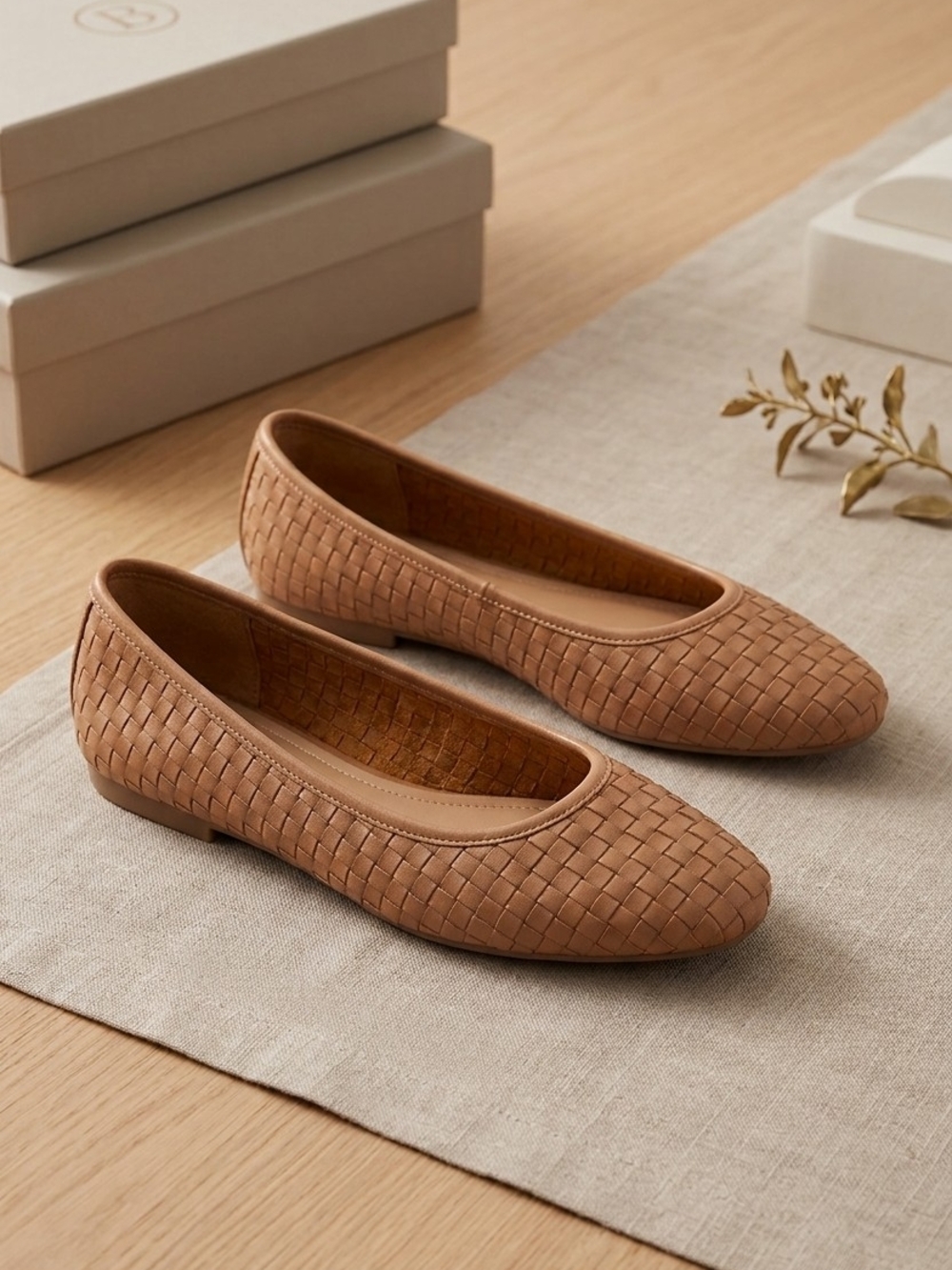 Woven Ballet Flats in Tan - Slip-On Comfort